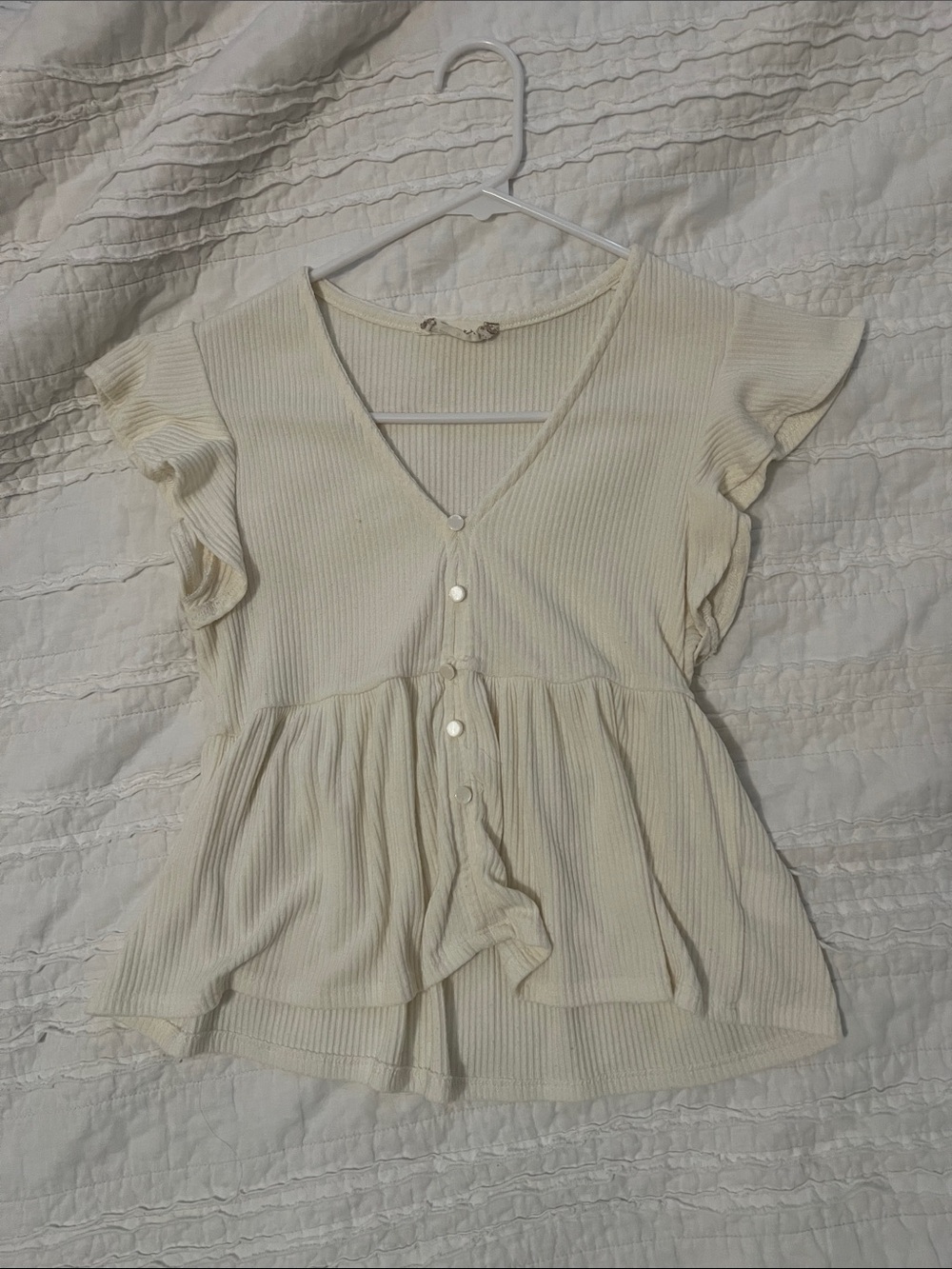 Altar'd State Cream Ribbed Peplum Button V-Neck Top